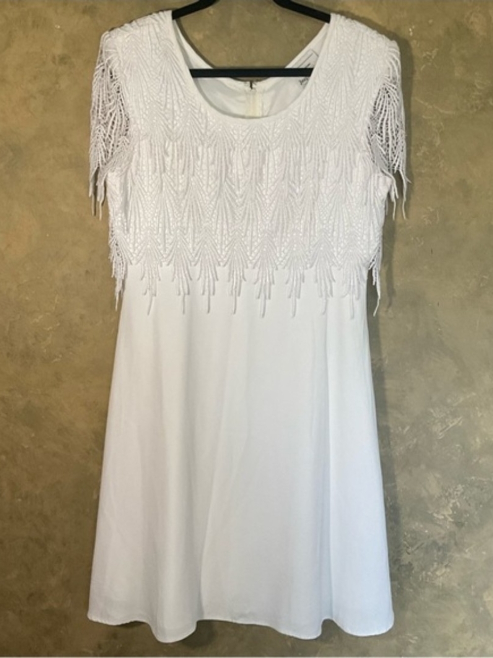 80s Vintage Joseph Ribkoff Union Tag White Crochet Fringe Dress 14